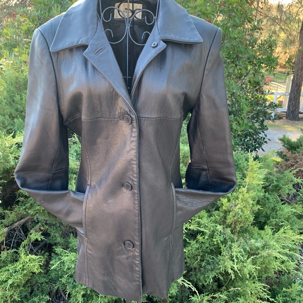 Lady Hathaway long line vintage black leather blazer jacket - Picture 2 of 9